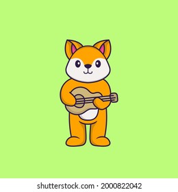 Cute fox playing guitar. Animal cartoon concept isolated. Can used for t-shirt, greeting card, invitation card or mascot.
