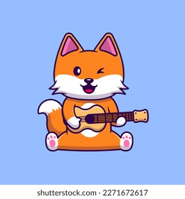 Cute Fox Playing Guitar Cartoon Vector Icons Illustration. Flat Cartoon Concept. Suitable for any creative project.