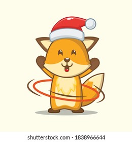 cute fox playing hula hoop. christmas vector illustration