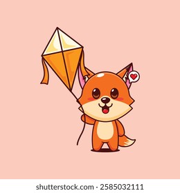 Cute fox playing kite cartoon vector illustration. vector cartoon illustration suitable for poster, brochure, web, mascot, sticker, logo and icon.