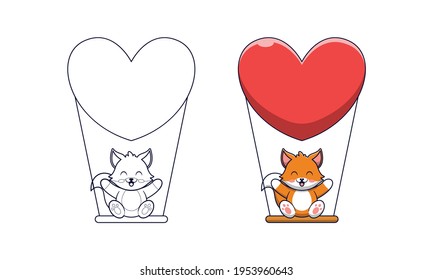 Cute fox playing on the swing cartoon coloring pages for kids