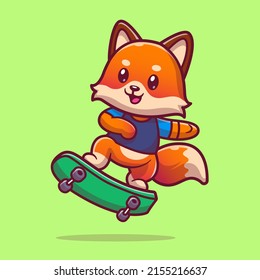 Cute Fox Playing Skateboard Cartoon Vector Icon Illustration. Animal Sport Icon Concept Isolated Premium Vector. Flat Cartoon Style