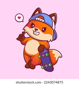 Cute Fox Playing Skateboard Cartoon Vector Icon Illustration. Animal Sport Icon Concept Isolated Premium Vector. Flat Cartoon Style
