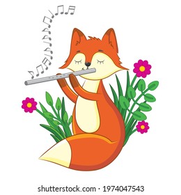 Cute fox playing a tune on the flute. Vector drawing of a cute fox. Drawing for the nursery