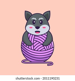 Cute fox playing with wool yarn. Animal cartoon concept isolated. Can used for t-shirt, greeting card, invitation card or mascot.