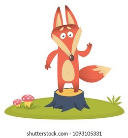 Cute fox plays on stump in the meadow. Vector illustration with an animal in a cartoon childlike style.