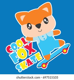 Cute fox plays skateboard vector cartoon illustration for kid t shirt design, kid nursery wall and graphic wallpaper