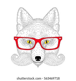 Cute fox portrait with french mustache, beard, glasses. Hand drawn wild anthropomorphic animal face, vector illustration for t-shirt print, kids greeting card, invitation for gentleman party