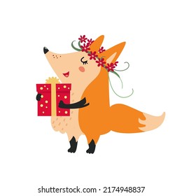 Fliege Fuchs mit Geschenkbox. Hübsches Waldtier in Blumenkranz mit Geschenk. Cartoon-Charakter, handgezeichnete Vektorgrafik, einzeln auf Weiß. Flachdesign