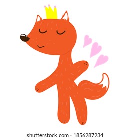 cute fox princess in crown, vector children illustration, kawaii drawing