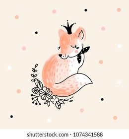 cute fox princess, decorative kid illustration