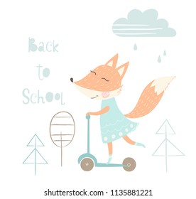 Cute fox print. Back to school slogan. Education study concept. Animal ride on scooter in forest with backpack. Fashion child vector. Cool illustration for notebooks, notepads simple children design