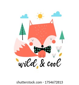 Cute fox print design with slogan. Vector illustration design for fashion fabrics, textile graphics, prints.	