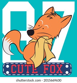 cute fox print with scarf, text and blue background