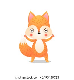 Cute fox in protective pose. Raster illustration in flat cartoon style on white background