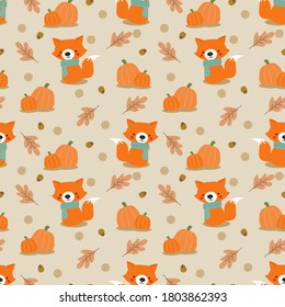 Cute fox and pumpkin seamless pattern. 