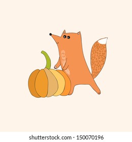 Cute fox with the pumpkin. Vector illustration