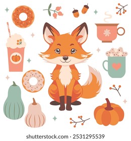 Cute fox with pumpkins, autumn drinks and desserts elements. Little Fox surrounded by cupcakes, milkshakes, hot drinks, autumn leaves, berries, and acorns. Vector illustration