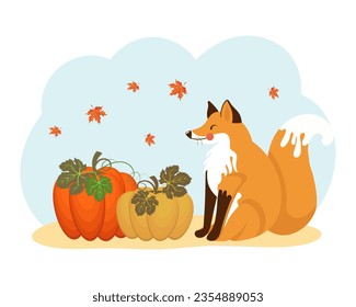 Cute fox with pumpkins in the autumn forest. Cartoon baby illustration, print, vector