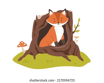 Cría de zorro en el agujero. Carácter animal de bosque infantil en refugio de bosques, hueco de troncos. Gracioso adorable cachorro salvaje en casa de cavernas. Ilustración vectorial plana aislada en fondo blanco