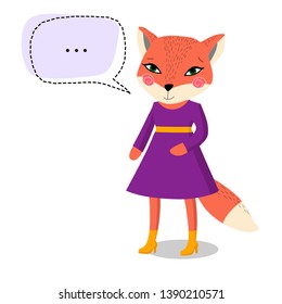 cute fox with a purple dress on a white background says the phrase. artwork for textiles, children's books, invitations, business cards, coloring books, t-shirts, phone covers