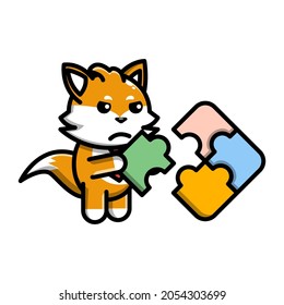 cute fox putting together a puzzle icon illustration vector graphic