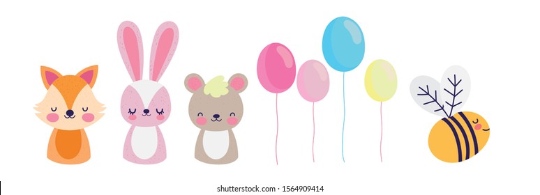 cute fox rabbit bear bee balloons decoration baby shower vector illustration