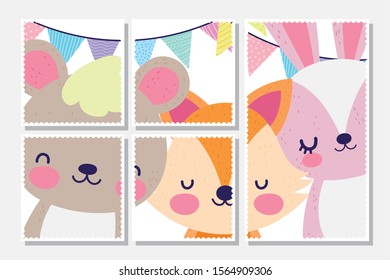 cute fox rabbit bear pennants baby shower card vector illustration