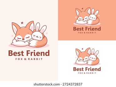 Niedlicher Fuchs und Kaninchen Bester Freund Cartoon Logo Vektorgrafik