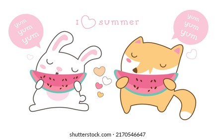 Cute fox and rabbit eat watermelon. Colored vector illustration in Japanese kawaii style for design. Forest cartoon animals.