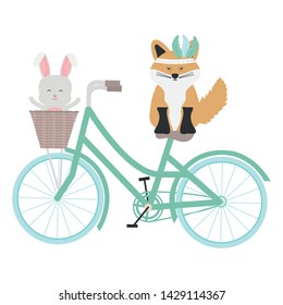 cute fox and rabbit with feathers hat in bicycle bohemian style