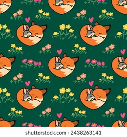 CUTE FOX AND RABBIT HUG EACH OTHER SEAMLESS PATTERN