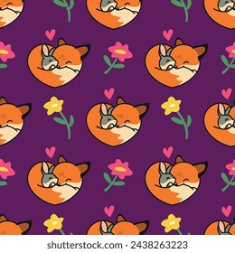 CUTE FOX AND RABBIT HUG EACH OTHER SEAMLESS PATTERN DESIGN