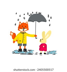 Cute fox and rabbit playing in the rain vector illustration for for fabric, textile and print