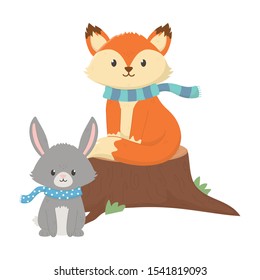 cute fox and rabbit with scarf autumn on white background vector illustration