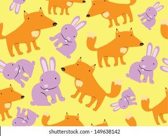 Cute Fox and Rabbit Seamless Yellow Pattern