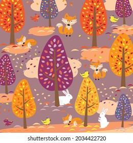 Cute fox and rabbit sleeping and running in park with yellow orange trees in autumn