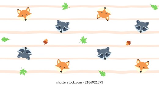 Cute fox and raccoon faces, acorns, maple and oak leaves on a pink and white striped background. Endless texture with adorable animals. Vector seamless pattern for cover, printing on clothes and bags