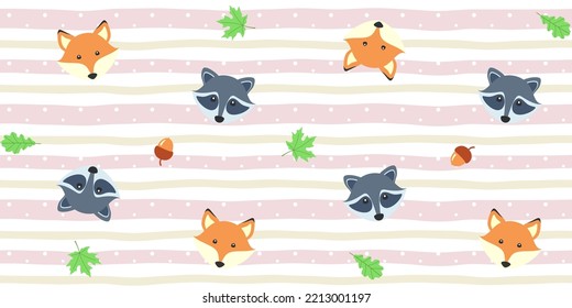 Cute fox and raccoon faces, acorns, maple and oak leaves on a soft striped background with dots. Endless texture with forest animals. Vector seamless pattern for cover, wrapping paper, surface texture