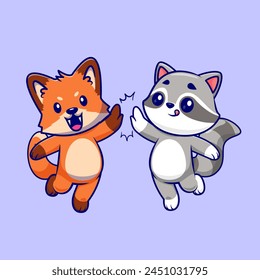 Cute Fox And Raccoon High Five Cartoon Vector Icon Illustration. Animal Nature Icon Concept Isolated Premium Vector. Flat Cartoon Style