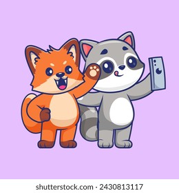 Cute Fox And Raccoon Selfie With Phone Cartoon Vector Icon Illustration. Animal Technology Icon Concept Isolated Premium Vector. Flat Cartoon Style