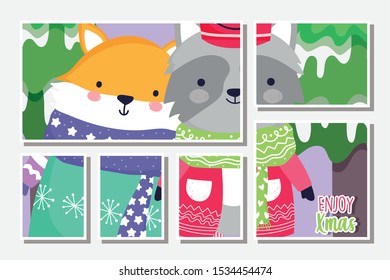 cute fox and raccoon warmn sweater tree snow merry christmas cards vector illustration