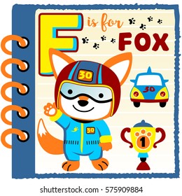 Cute fox in racer costume, car racing elements in notebook frame, education cartoon for kids, vector cartoon illustration