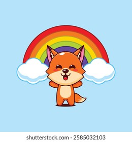 Cute fox with rainbow cartoon vector illustration. vector cartoon illustration suitable for poster, brochure, web, mascot, sticker, logo and icon.