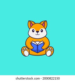 El zorro lindo leyendo un libro. El concepto de caricatura animal aislado. Puede usarse para camisetas, tarjetas de felicitación, tarjetas de invitación o mascota.