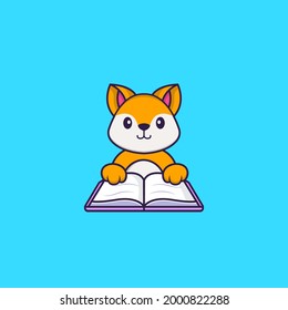 Cute fox reading a book. Animal cartoon concept isolated. Can used for t-shirt, greeting card, invitation card or mascot.
