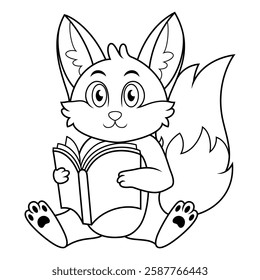 Cute fox reading a book line art