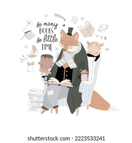 Cute Fox reading Book with Little Boy and Girl