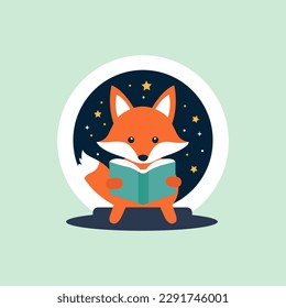 Cute fox reading a book. Vector illustration.