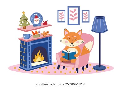 Cute fox reading by cozy fireplace, surrounded by festive Christmas decorations: snow globe, Christmas tree and gingerbread cookies. Warm Christmas holiday scene. Vector illustration.